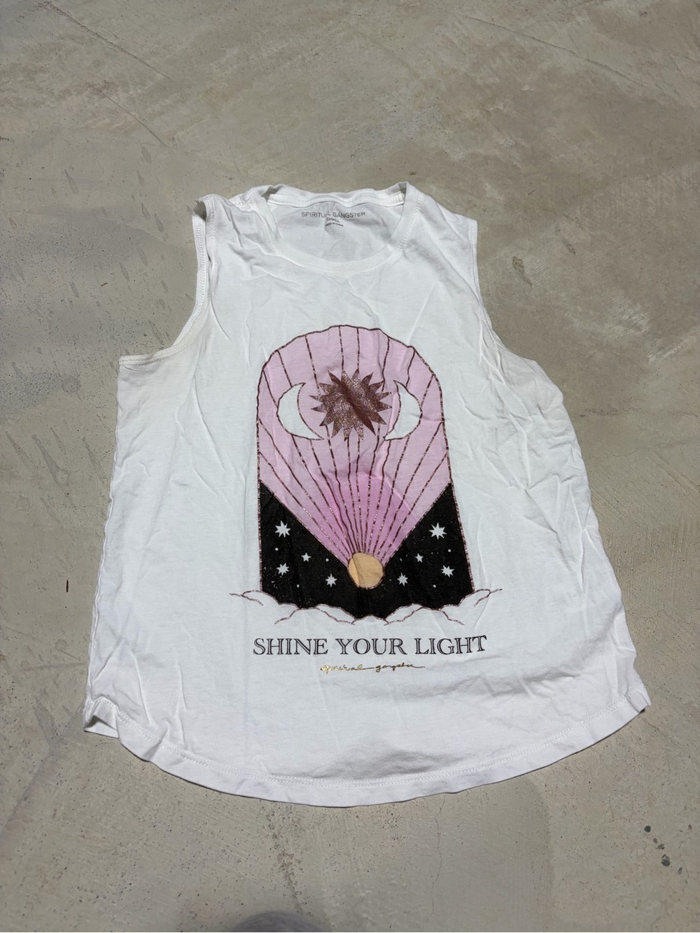 Spiritual gangster Shine Your Light White Graphic Tank Top small